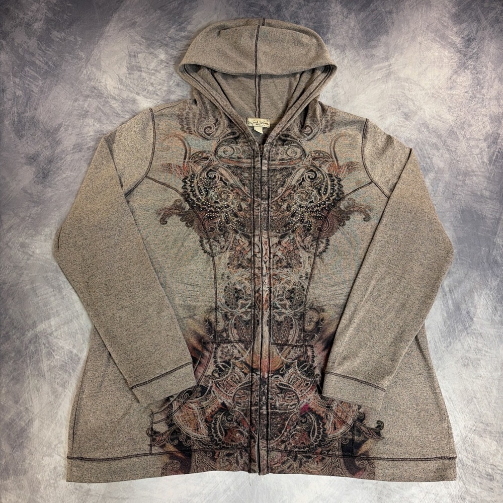 Y2K Live and Let Live Zip Up Hoodie Womens 1X Brown Paisley Rhinestone Graphic